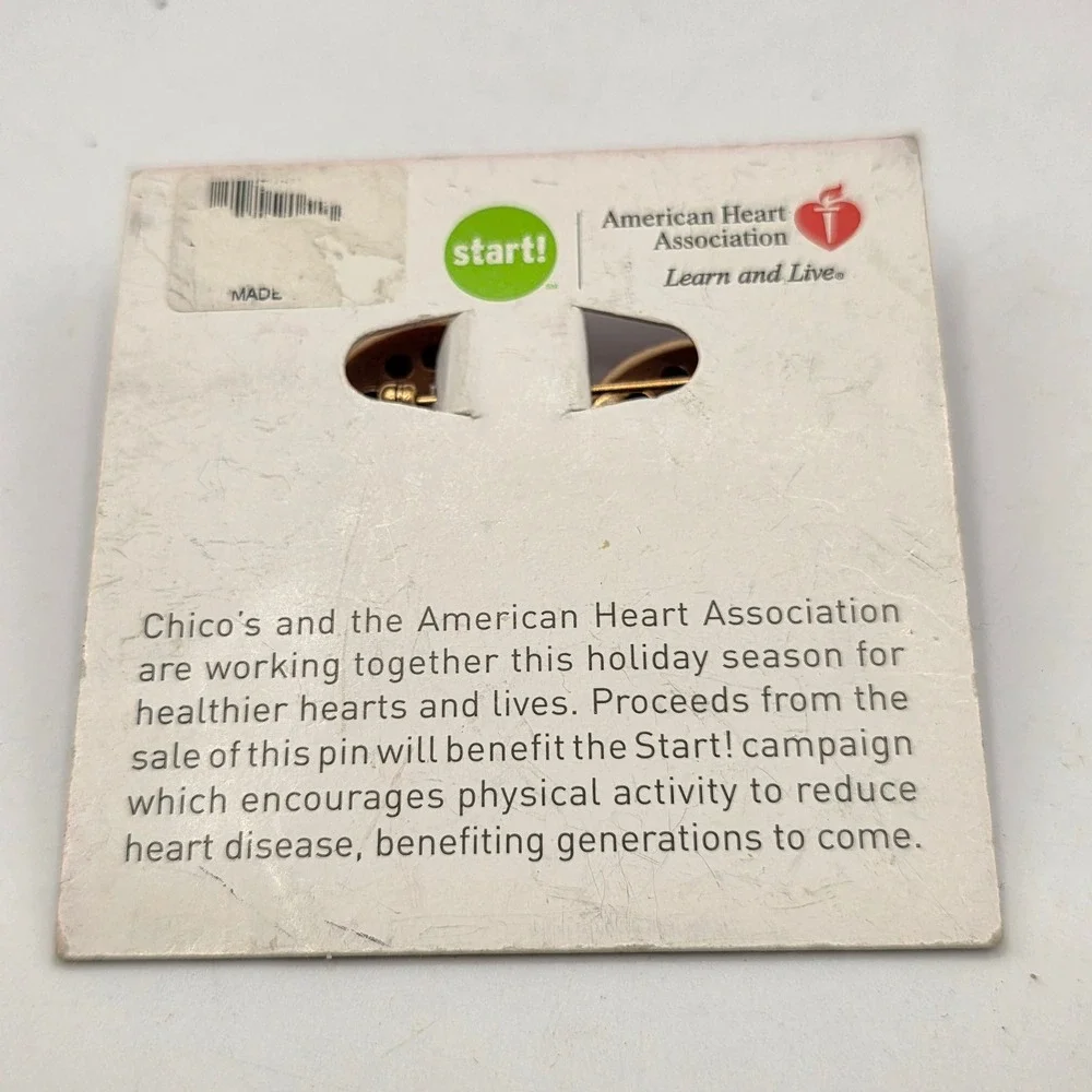Chicos American Heart Association Heart Brooch Gold Tone Crystal Studded Pin